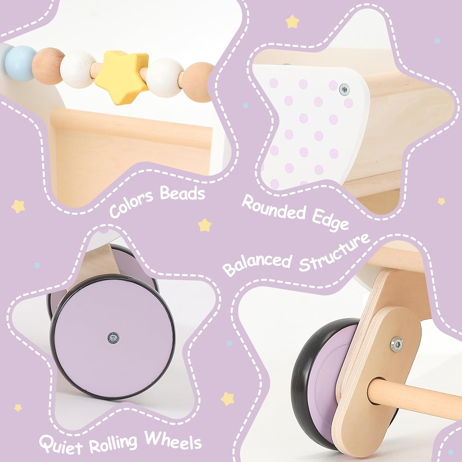 Pillowhale Wooden Baby Walker & Doll Stroller &ndash; Adjustable Handle Push Cart, Anti‑Tip, Quiet Wheels, Pretend Shopping Cart &ndash; Montessori Wooden Walker for Babies, Doll Stroller for Toddlers 12M+