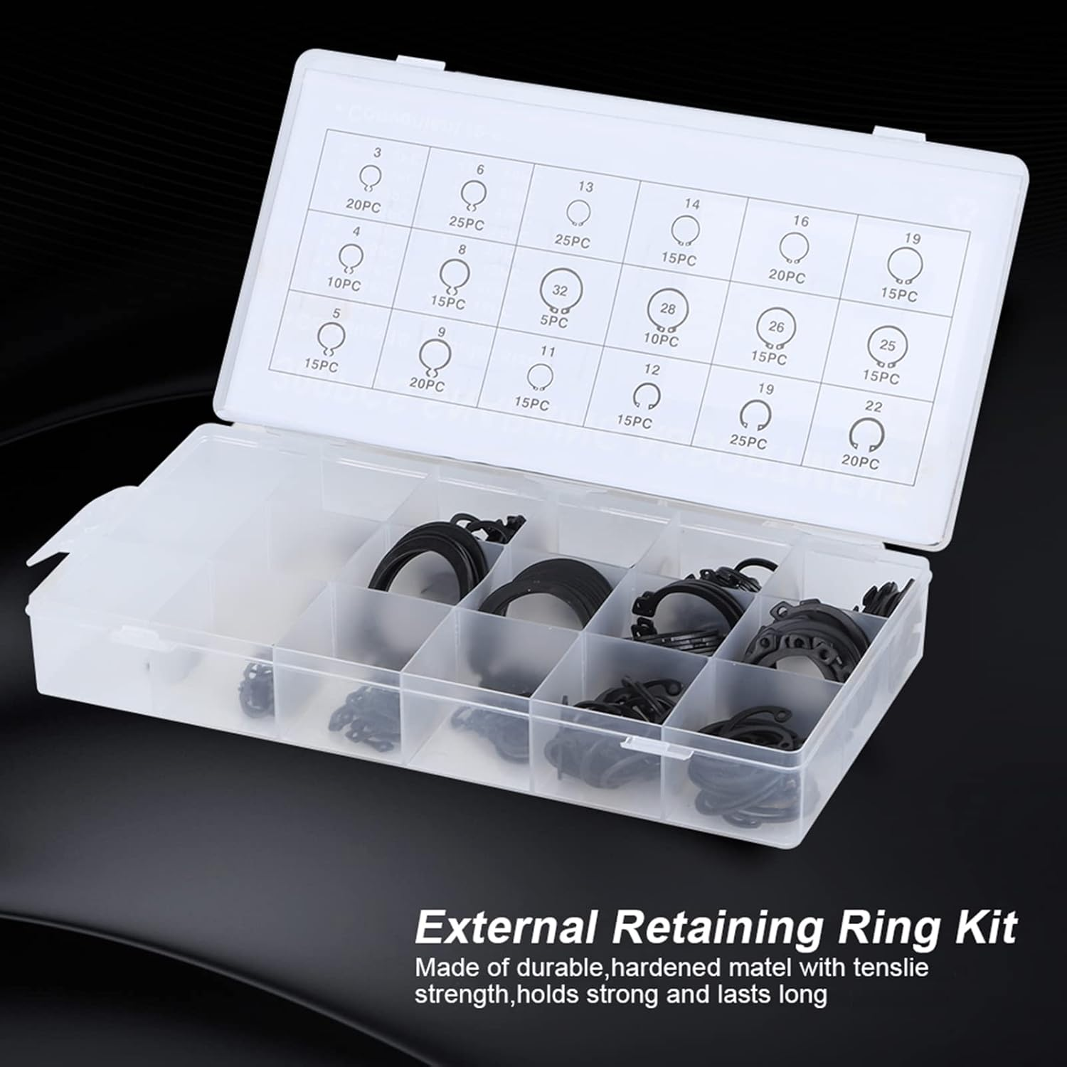 300Pcs 2-32Mm E Snap Retaining Ring Assortment Set, External Circlip Kit for Bearings, Gears, Pulleys with Plastic Storage Case image number 3