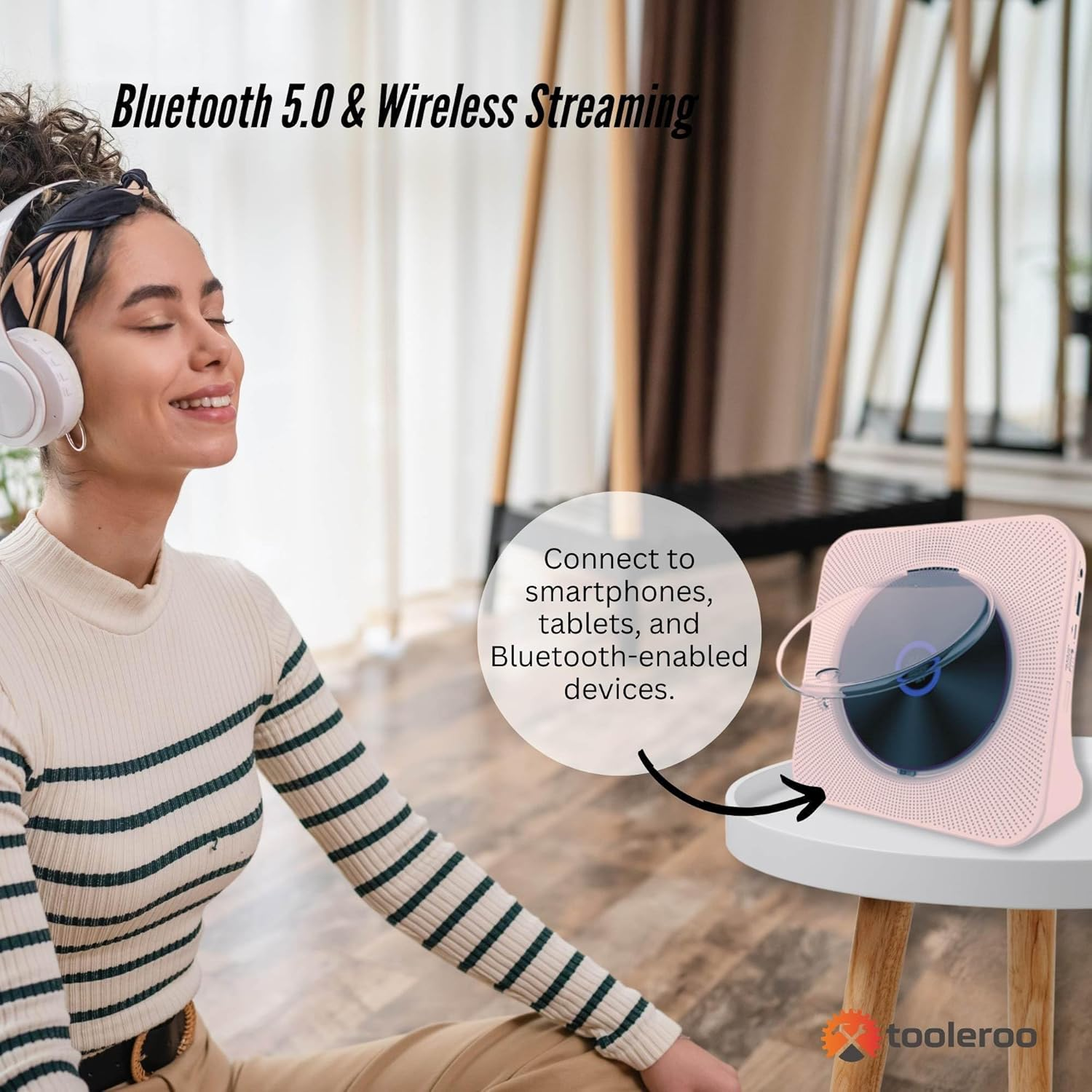 Tooleroo USB Rechargeable Desktop CD Player Speaker &ndash; Bluetooth Portable Pink image number 2
