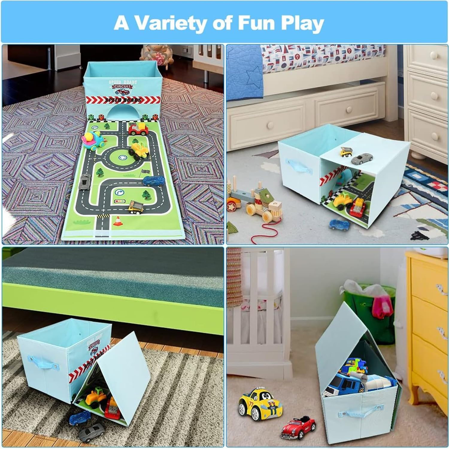 Livememory Toy Cars Storage Box Car Toys Box with Speed Roads (Not Included Cars)-Sky Blue