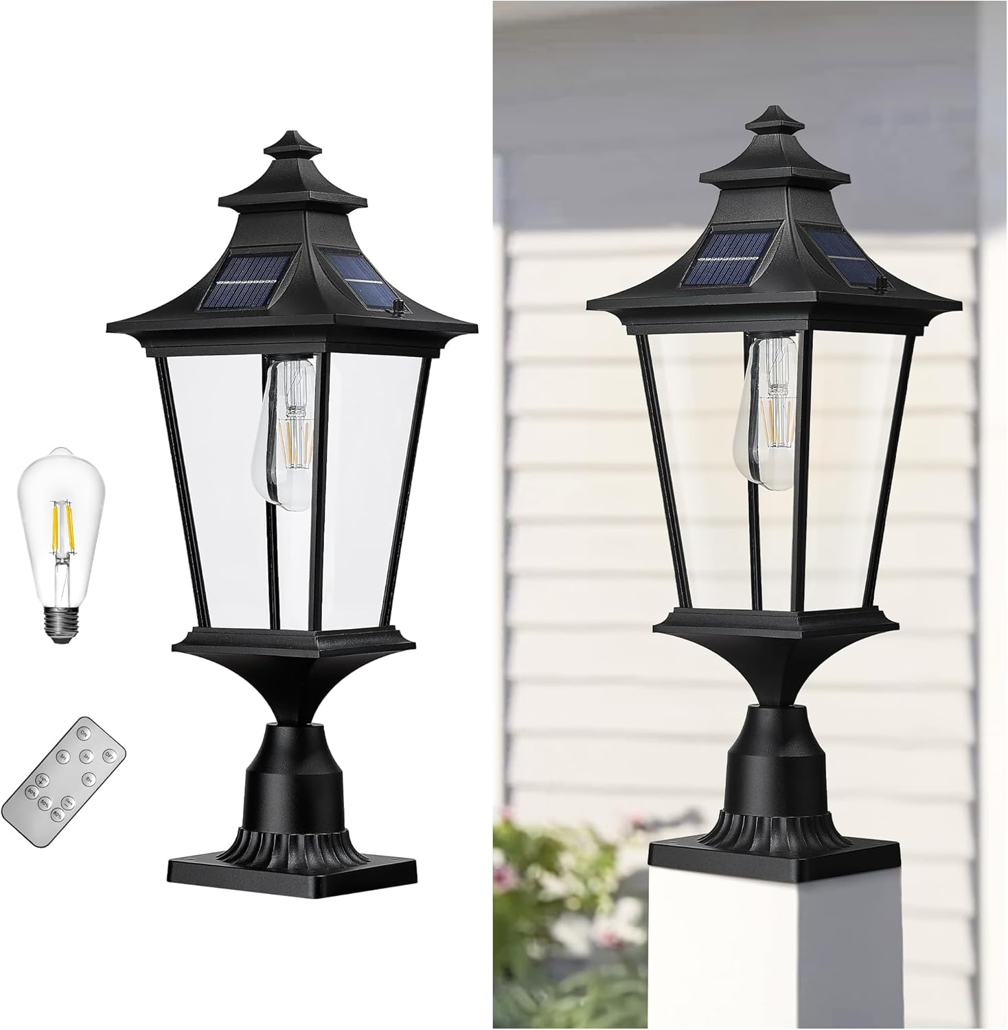 EMLIVIAR 22 Inch Farmhouse Solar Lamp Post Light with Pier Mount, Large Outdoor Post Light for outside Patio with Remote Control, Die-Cast Aluminum, Black Finish, 500181M-SL BK image number 5