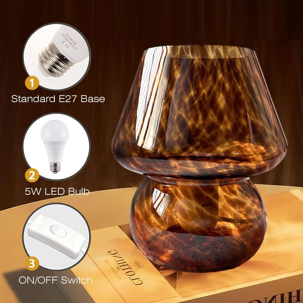 Clora Mushroom Lamp Glass Table Bedside Lamps Translucent Vintage Style Striped Night Light Home Decor (Amber-A) image number 2