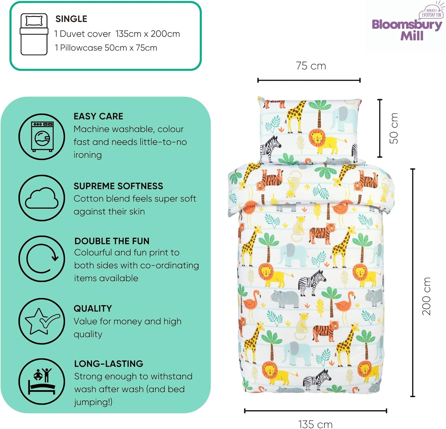 Bloomsbury Mill &ndash; Kids Single Bed Duvet Cover and Pillows Set &ndash; Kids Single Bedding for Boys and Girls &ndash; Safari and Jungle Animals Reversible Kids Duvet Cover and Pillow Case Set &ndash; 135 X 200 Cm