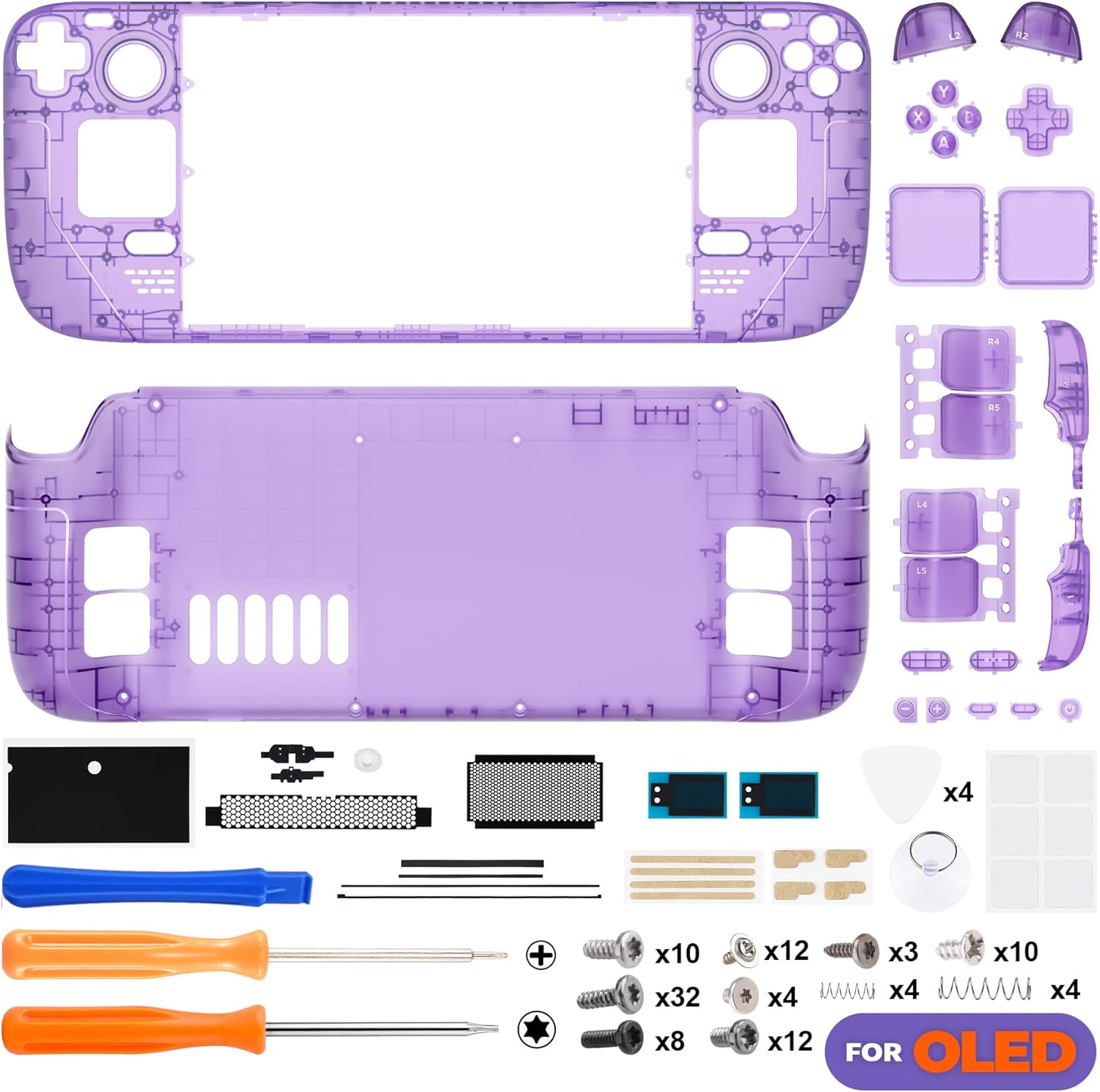Extremerate Replacement Full Set Housing Shell with Buttons for Steam Deck OLED Handheld Console, Custom DIY Clear Atomic Purple Faceplate Back Plate Trackpad Case for Steam Deck OLED Console - Clear image number 3