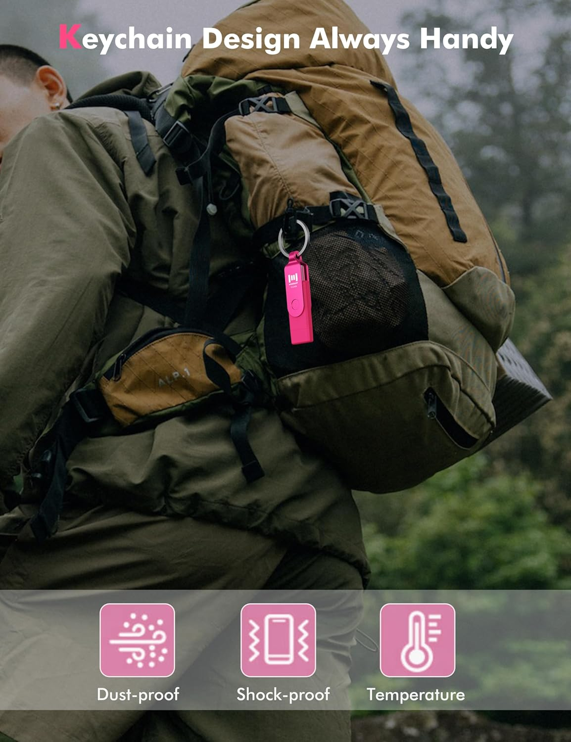 MOSDART 512GB USB3.1 Fast Speed C and a Dual Flash Drive, Exfat Memory Stick with Keychain and LED Indicator, for Iphone 15 and 16, Android Phone, Ipad, Macbook, and Other Laptops, Hot Pink image number 2