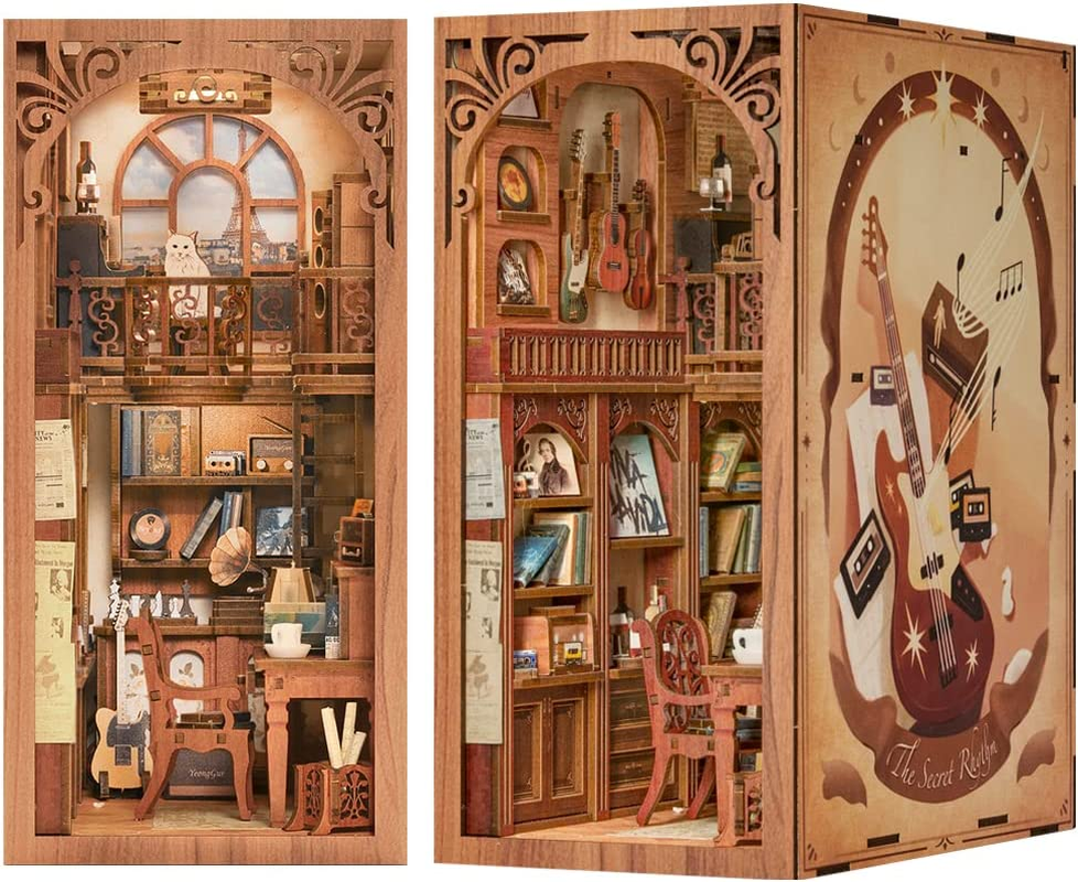 CUTEBEE Book Nook Kit, DIY Miniature House for Adults 3D Wooden Puzzle Bookends with Dust Cover and LED Light - the Secret Rhythm