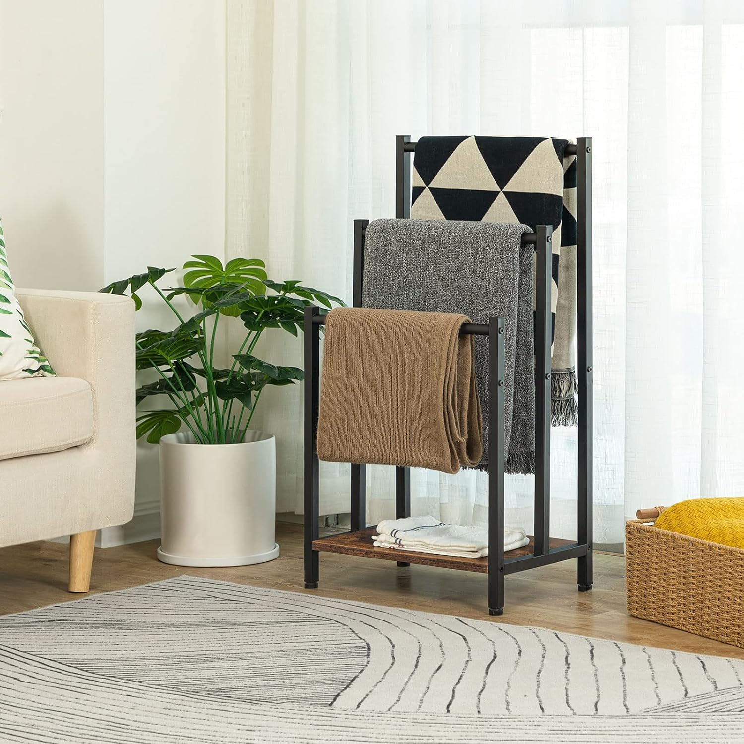 HOOBRO Freestanding Towel Rack, 3 Tier Metal Blanket Rack, Blanket Ladder Holder for Bathroom, 43 X 28 X 81 Cm, Industrial Drying and Display Rack with Shelf, Rustic Brown and Black BF03LB01 image number 6