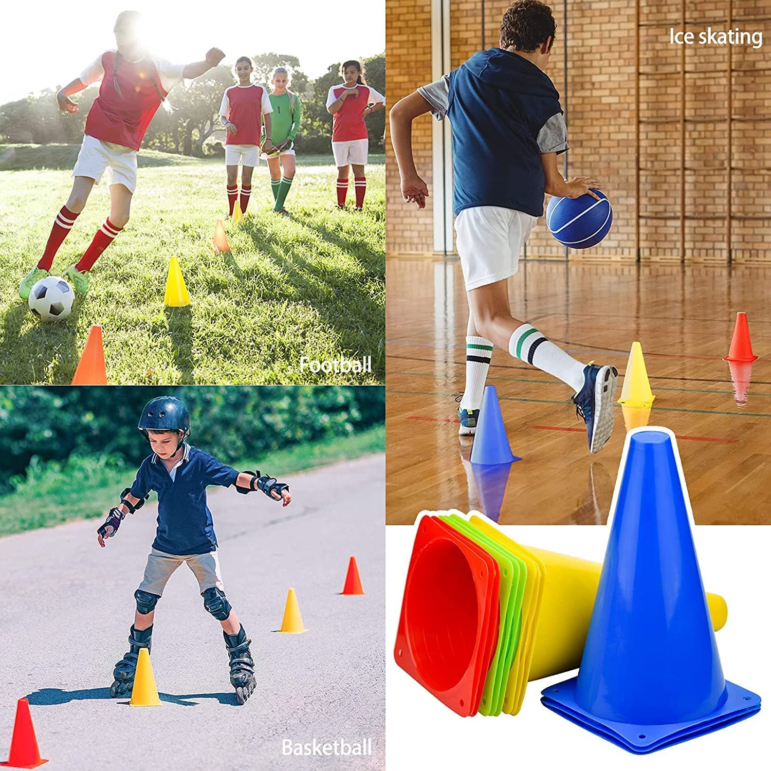 9 Inch Sports Cones,Traffic Marker Cones(Set of 10), Plastic Sport Training Traffic Cone for Football, Skating,Kids Indoor and Outdoor Activities, Agility Training, Dog Training,5 Colors image number 4
