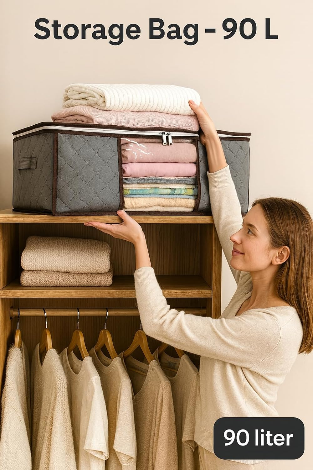 Goamz 4 Pack under Bed Storage Containers- 90L Foldable Underbed Storage Bags with Handles & Zipper for Clothes Home Storage & Organisation- 100X50X18Cm Underbed Storage Bags for Comforters, Blankets image number 5