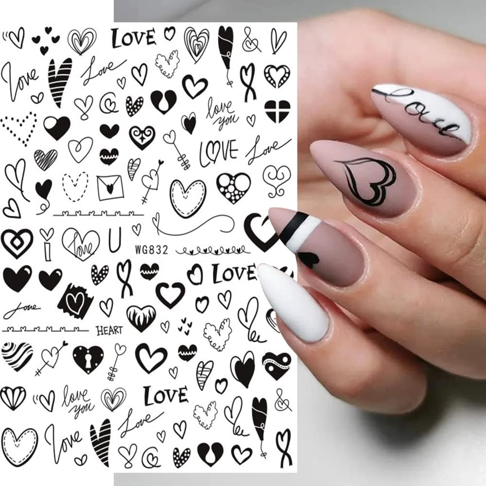 Nail Stickers, Self-Adhesive, Valentine'S Day Nail Sticker, Black Heart Nail Art Sticker, 3D Black Nail Stickers, DIY Manicure Decoration (4 Sheets) image number 3