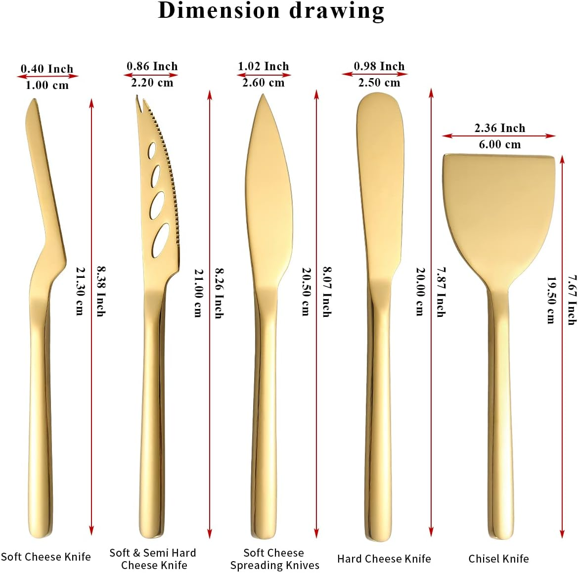 Berglander 5-Piece Cheese Knife Set, Suitable for All Cheeses, Stainless Steel Cheese Knives, Ergonomic Design, Suitable for Cutting Butter (Gold) image number 4