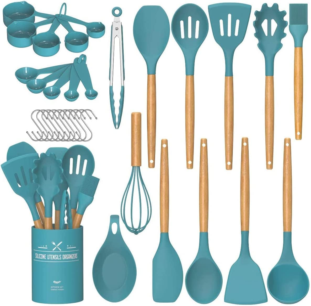 Kitchen Utensil Set Silicone Cooking Utensils Umite Chef 24 Pcs Kitchen Utensils Tools Wooden Handle Spoons Silicone Utensil Set Spatulas Set Cookware Turner Tongs Whisk Kitchen Gadgets with Holder