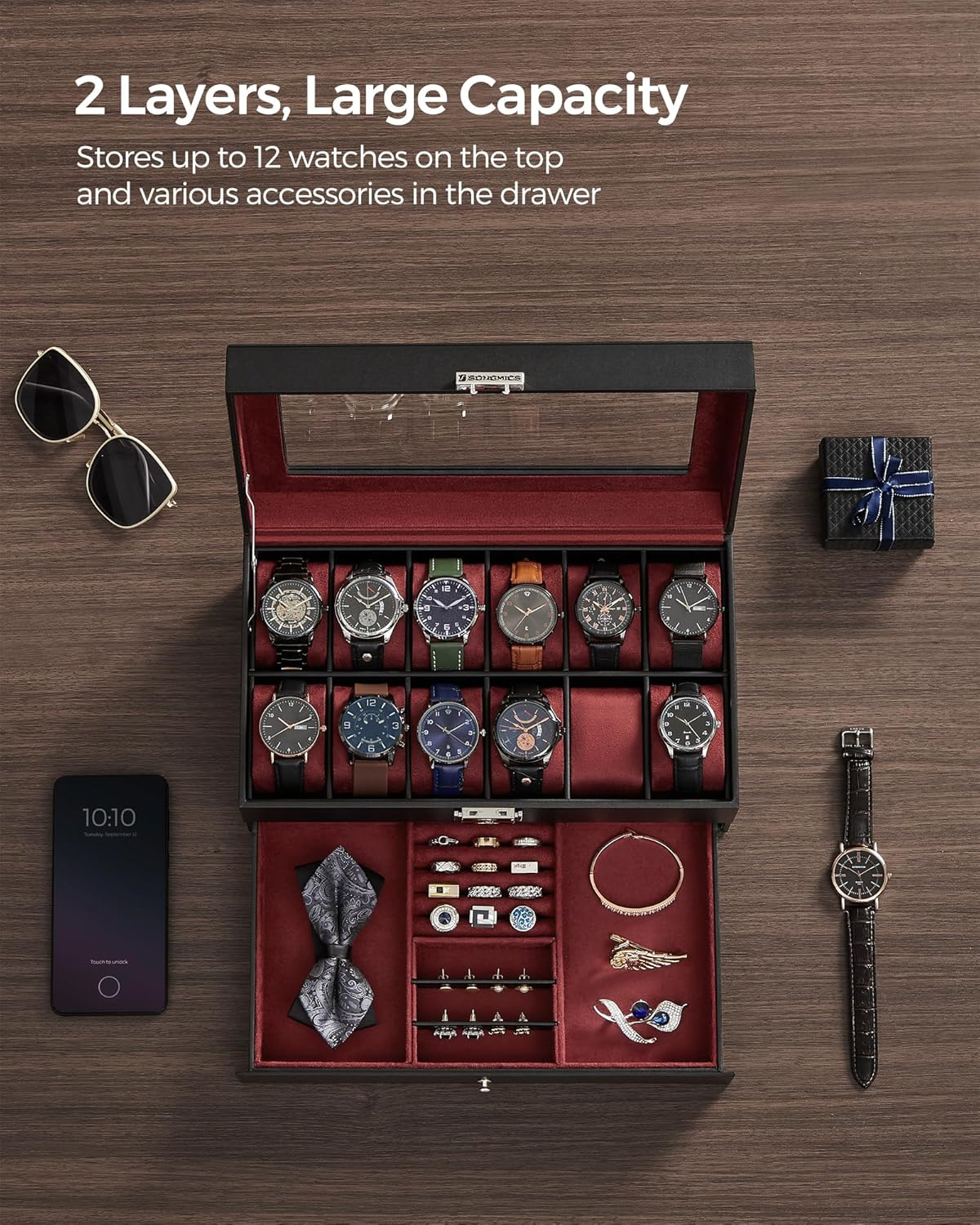 SONGMICS 12-Slot Watch Box, Lockable Watch Case with Glass Lid, 2 Layers, with 1 Drawer for Rings, Bracelets,Black Synthetic Leather, Wine Red Lining UJWB012R01 - Black + Gray image number 1