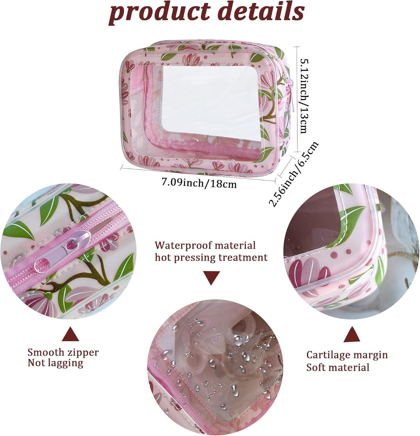 Toteprint Transparent Cosmetic Bag Small Cosmetic Bag PVC Waterproof 18 X 13 X 6.5 Cm with Floral Pattern for Men and Women, Pink + Flowers, Modern image number 5