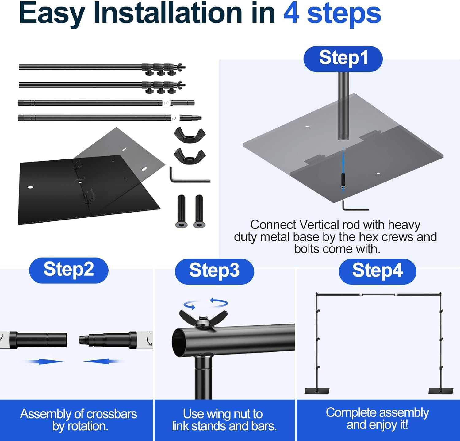 EMART Heavy Duty Background Stand, 10X10Ft/3X3M Adjustable Backdrop Support System Kit with Steel Base for Photography, Photo Video Studio, Birthday Parties Wedding Decoration -Black image number 4