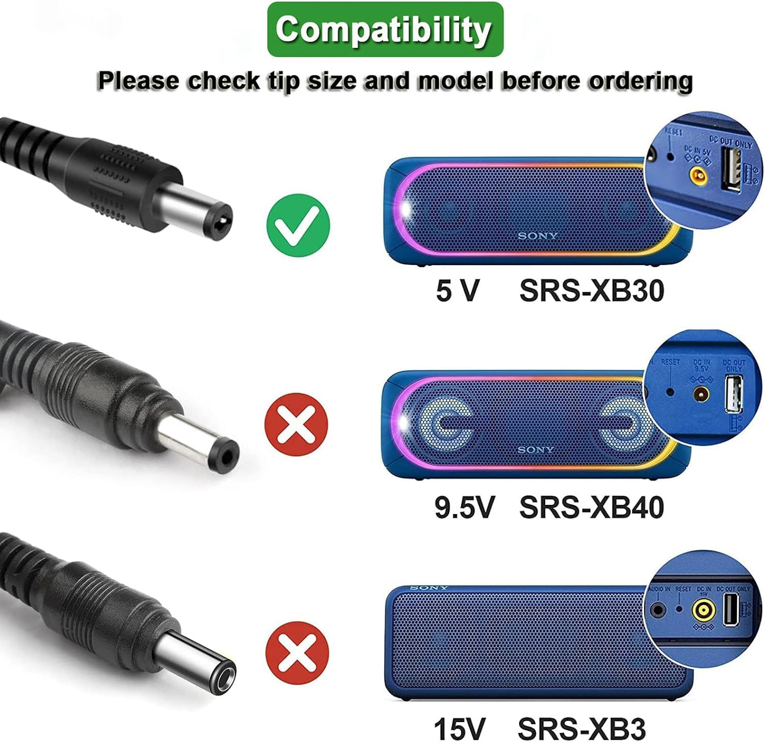 Gonine 5V Charger for Sony SRS-XB30, 5V 3A Power Supply Adapter for Sony AC-E0530 SRS-XB30 SRS-XB41 Rdp-M5Ip Rdp-M7Ip SRS-A1 SRS-A212 SRS-A3 SRS-M50 M55 K. Wireless Bluetooth Speaker image number 5