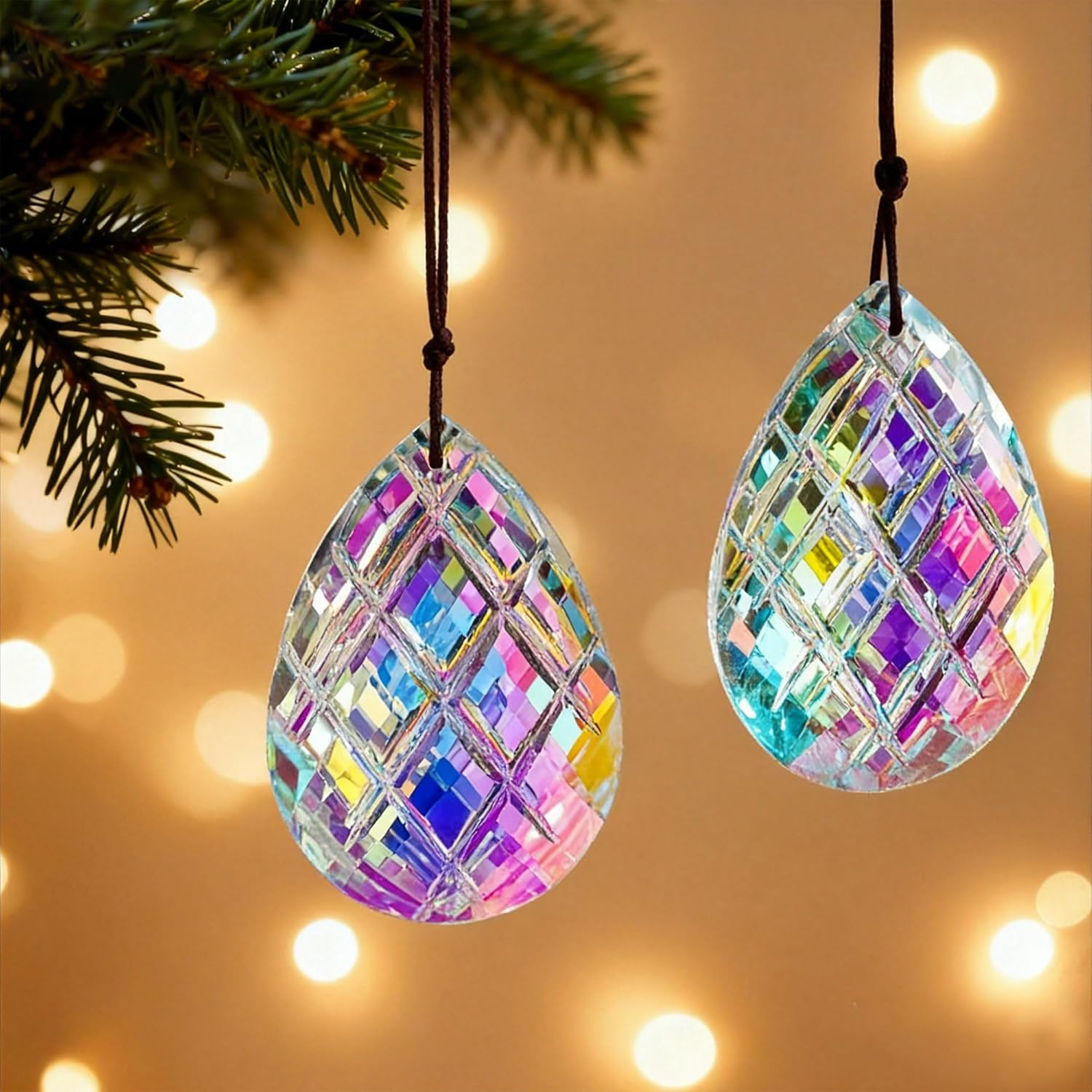 HDCRYSTALGIFTS Set 2 Crystal Sun Catcher Prisms Pendant for Window Hanging Decor,3Inch AB Colored Crystal Suncatchers Rainbow Maker Light Catcher for Home Indoor Garden Ornament image number 1