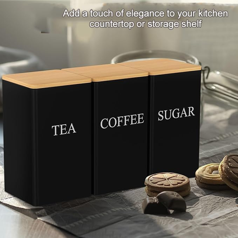 3 Pcs Coffee Tea Sugar Container Set, 1000 Ml Vintage Kitchen Canister Set with Bamboo Lids, Metal Food Storage Container Jars for Kitchen Counter, Farmhouse Kitchen Decor (Black) image number 3