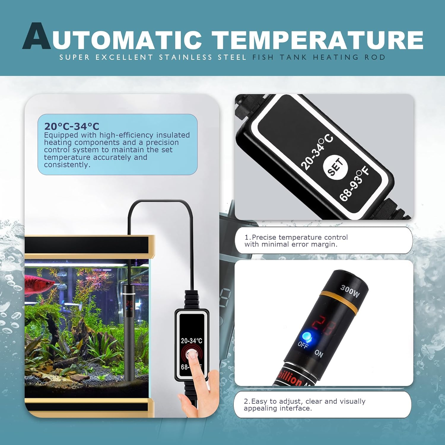 STRONGBERRY Aquarium Heater, 300W Fish Tank Heater with LED Digital Display & Multiple Protections, Submersible Aquarium Heater for 120-150L Fish Aquarium Tank image number 6