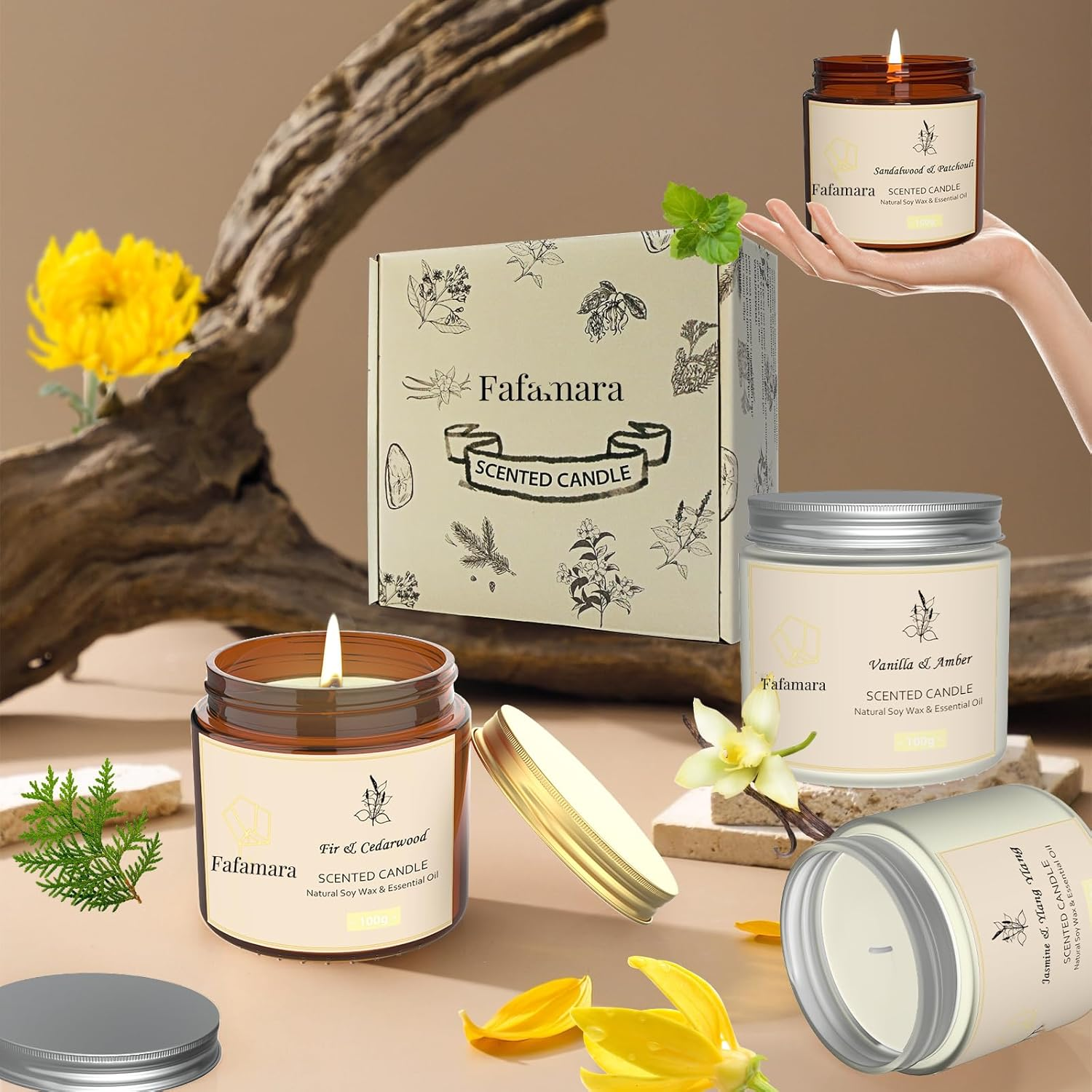 Fafamara Scented Candle Gift Set, 4 Relaxing Aromatherapy Candles for Women, Jasmine & Ylang Ylang, Sandalwood & Patchouli, Fir & Cedarwood, Vanilla & Amber, for Christmas, Birthday, Anniversary image number 3