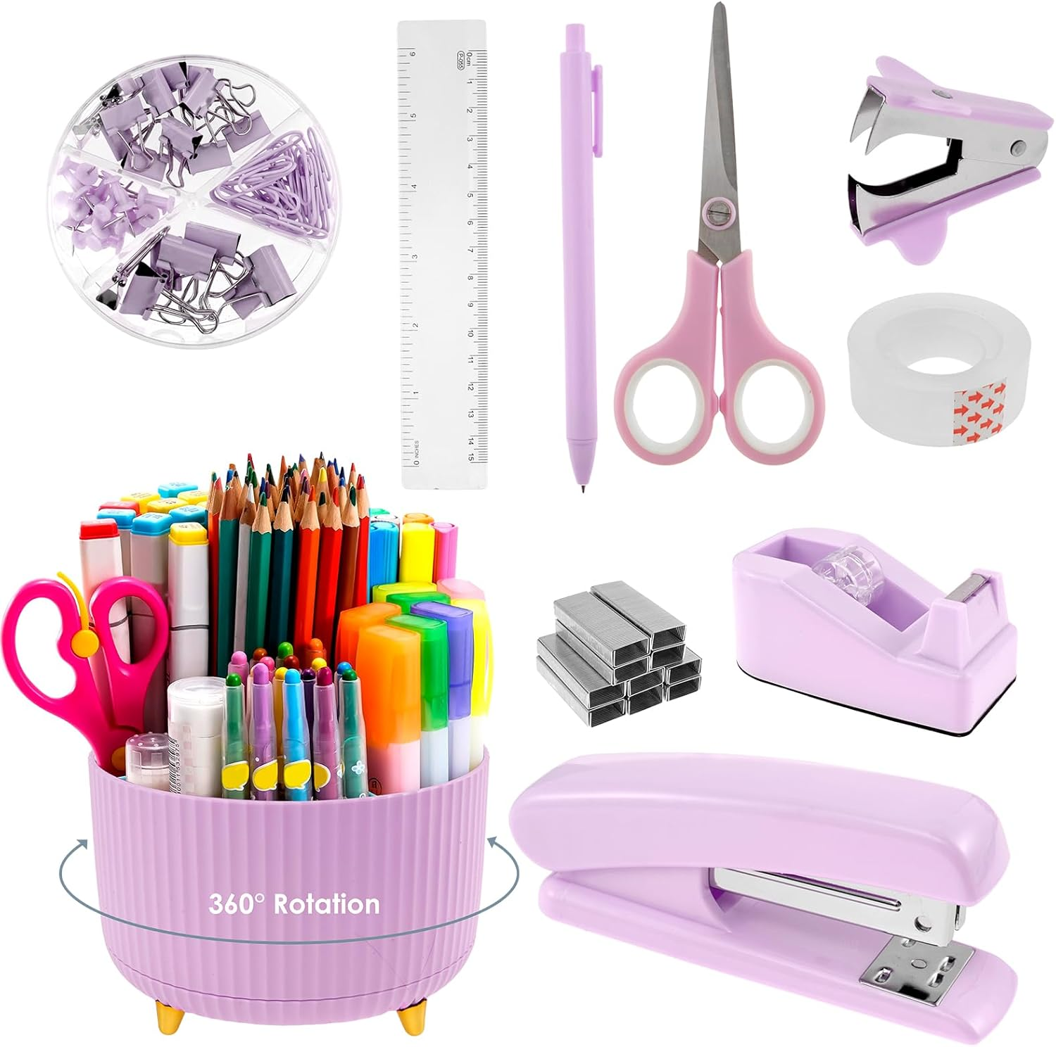 Office Supply Set, Convenient Stapler and Tape Dispenser Set, Office Supplies 360&deg;Pen Holder，Office Supplies Desk Accessories, Practical Office Supplies for Office Clerks (Purple) image number 2