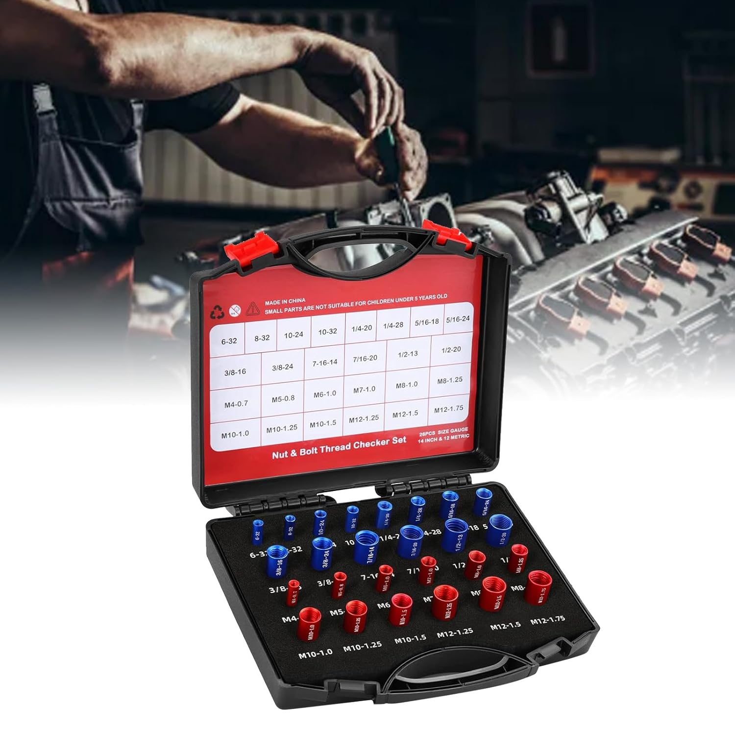 26Pcs Nut and Bolt Thread Checker, Nut and Bolt Measurement Tool Set, Nut Bolt Thread Size Identifier Gauge Tool with a Storage Box, for Maintenance Repair image number 4