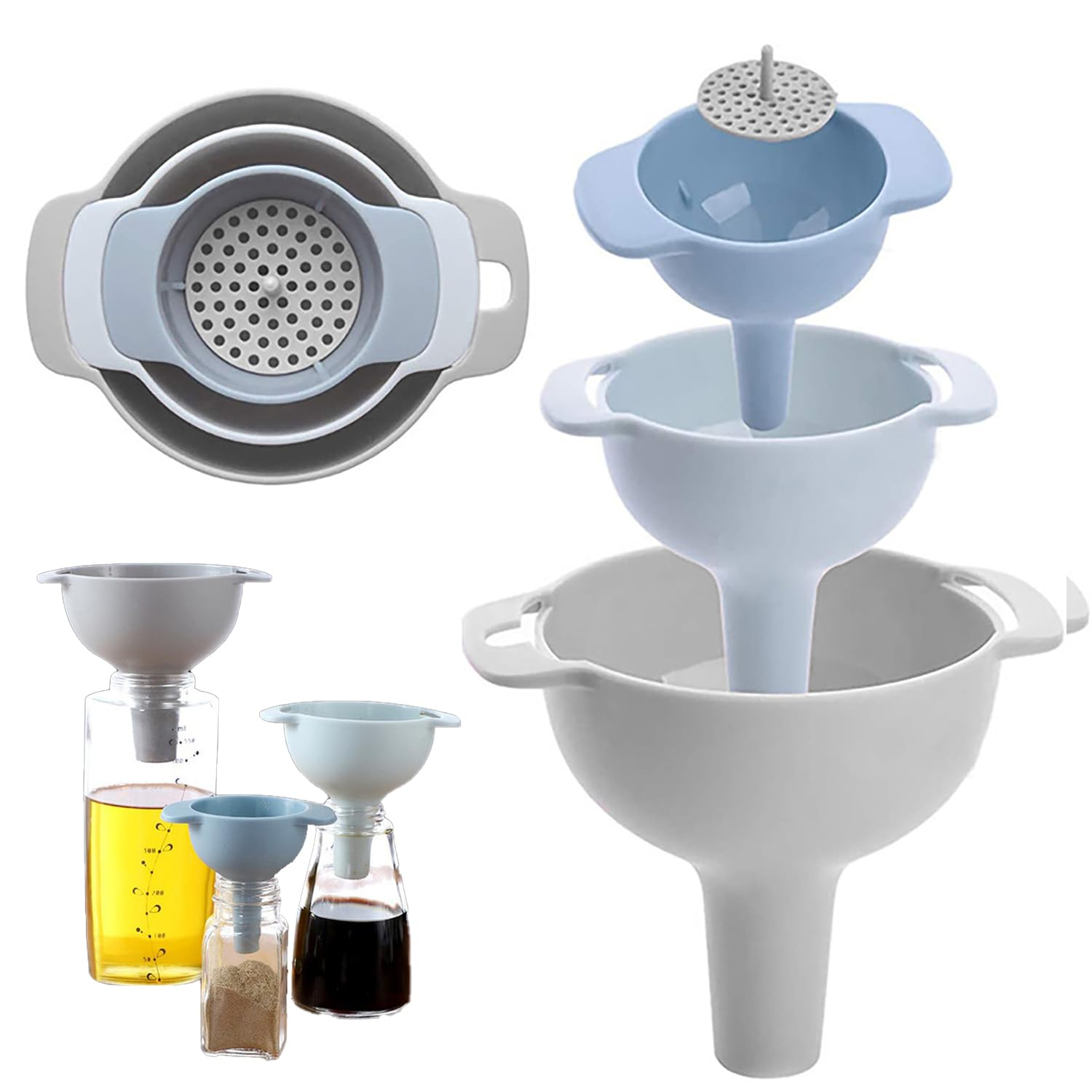 4-In-1 Kitchen Funnel Set with Strainer - Bpa-Free Plastic, 3 Sizes (2.5/4.6/12.8Cm), Kitchen Liquid Dispensing Filters Perfect for Oil, Liquid & Powder Transfer image number 5