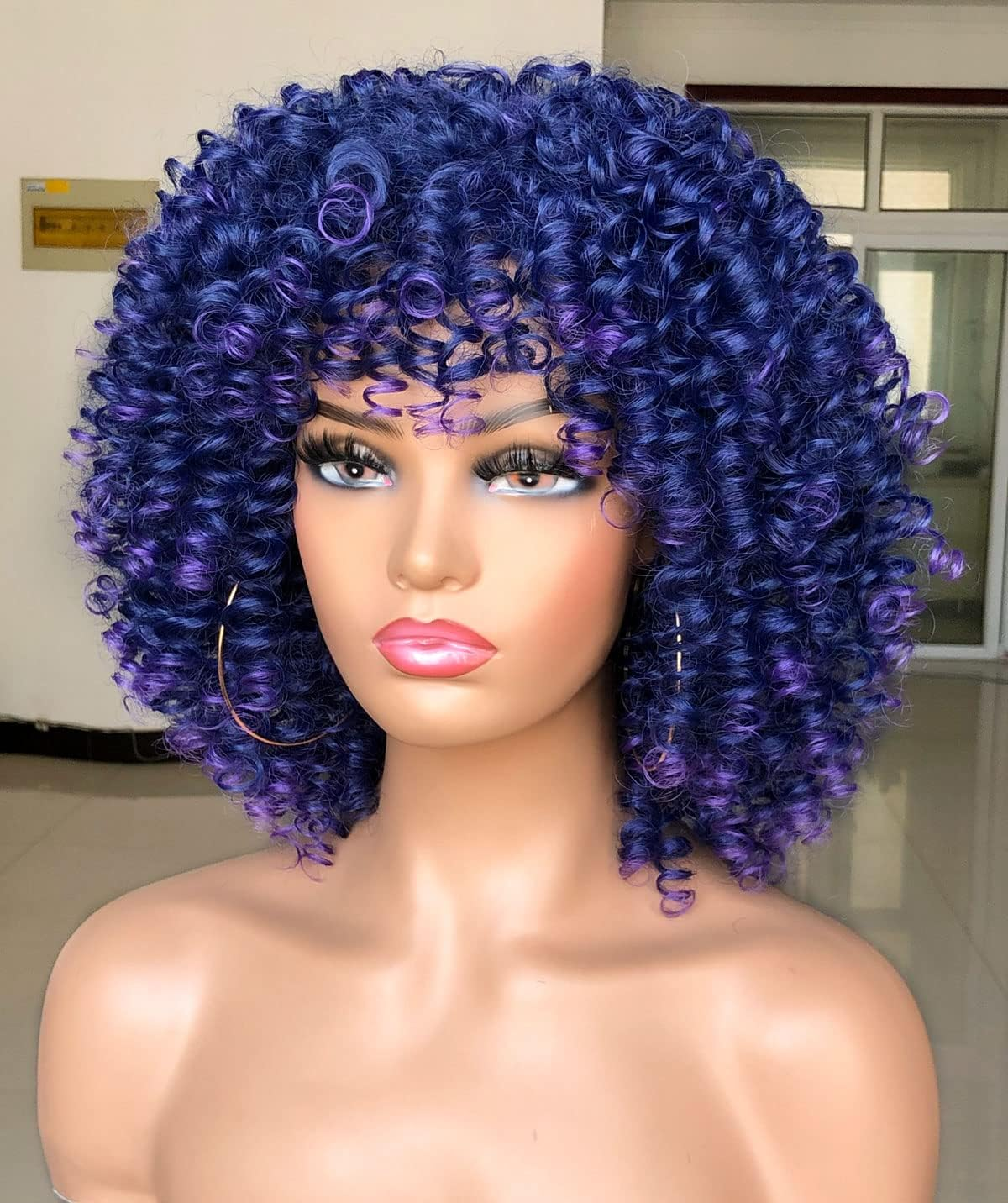 Lizzy Short Afro Curly Wigs for Black Women Full Synthetic Natural Blue with Purple Afro Kinkys Curly Wig with Bangs Shoulder Length Heat Resistant Wigs for Daily Use image number 3