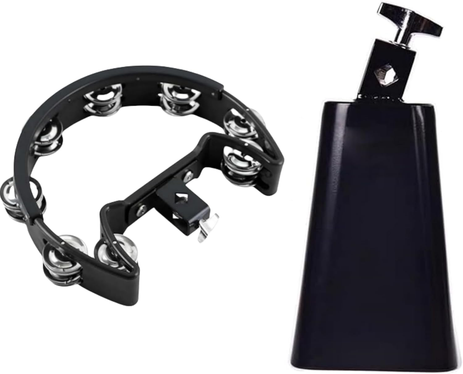 Tambourine and Cowbell Kit, Drum Set Tambourine with Mounting Eye Bolt, Mountable Tambourine and 7 Inch Cowbell for Drum Set(8 Double Rows of Jingles, Black) image number 3