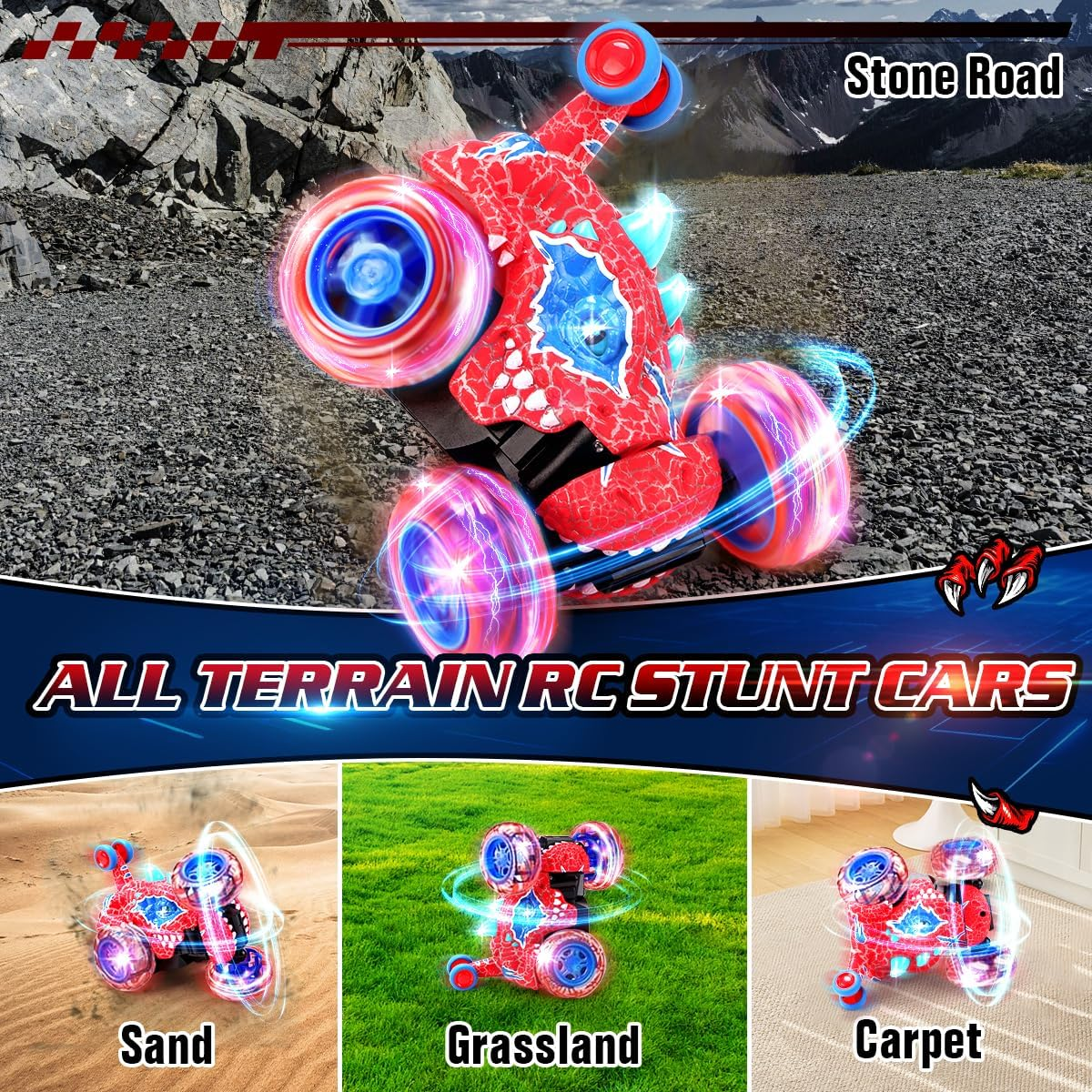 REMOKING Remote Control Car for Kids Age 3-8, 2.4Ghz Dinosaur Toys RC Car 360&deg;Stunt Rotation, 4WD Wheel with Cool Lights,Rechargeable Vehicle Outdoor Game for 3 4 5 6 Year Old Boy Gift