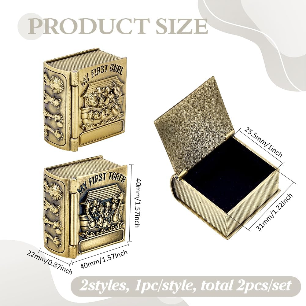 FINGERINSPIRE 2PCS My First Curl and My First Tooth Keepsake Box Antique Bronze Book Shaped Teeth Collection Organizer Holder First Curl and Tooth Keepsake Box for Babies to Keep the Childhood Memory image number 1