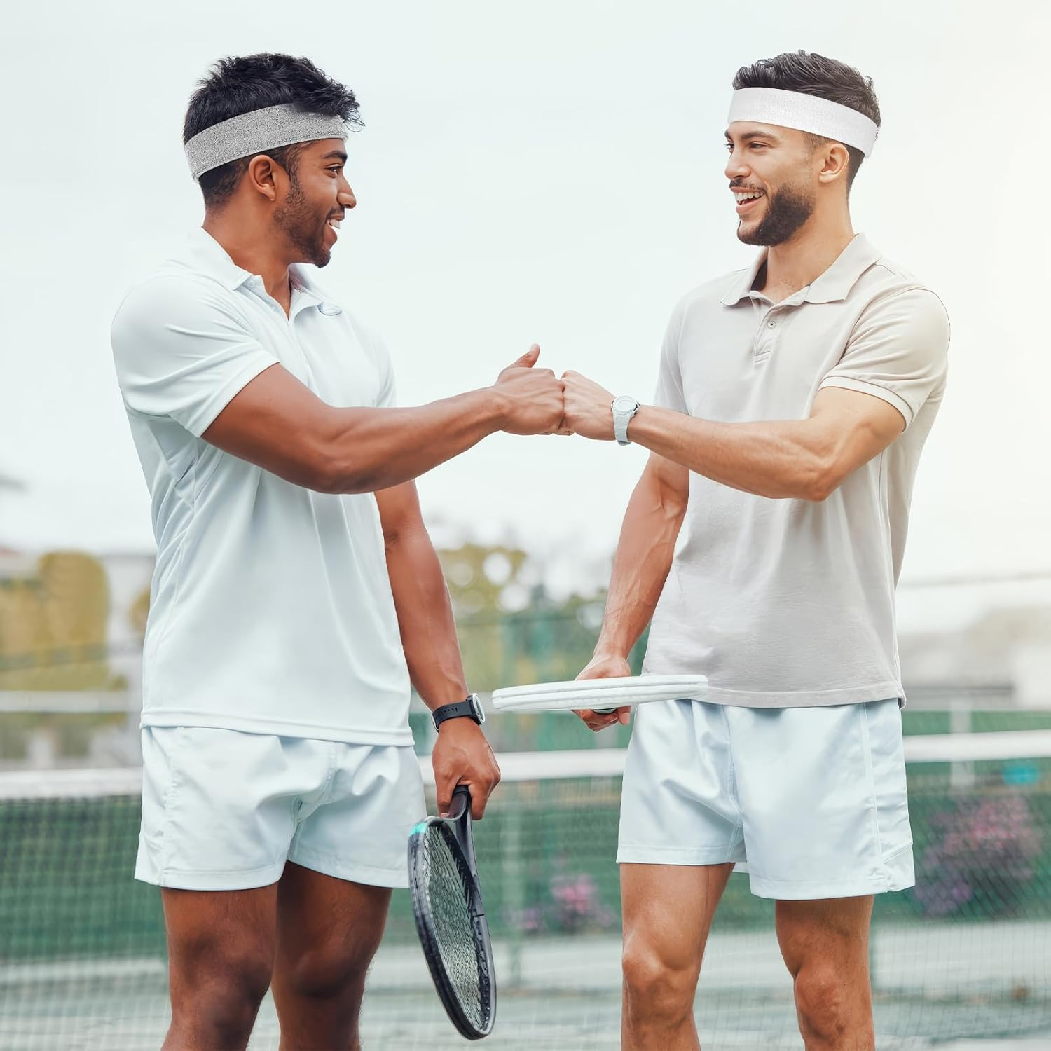 4 Pack Headbands for Men, Sweat Bands Headbands Men & Women, Cotton Terry Sweat Bands for Tennis, Basketball, Running, Gym, Working Out - Black/Gray/Green/White image number 5