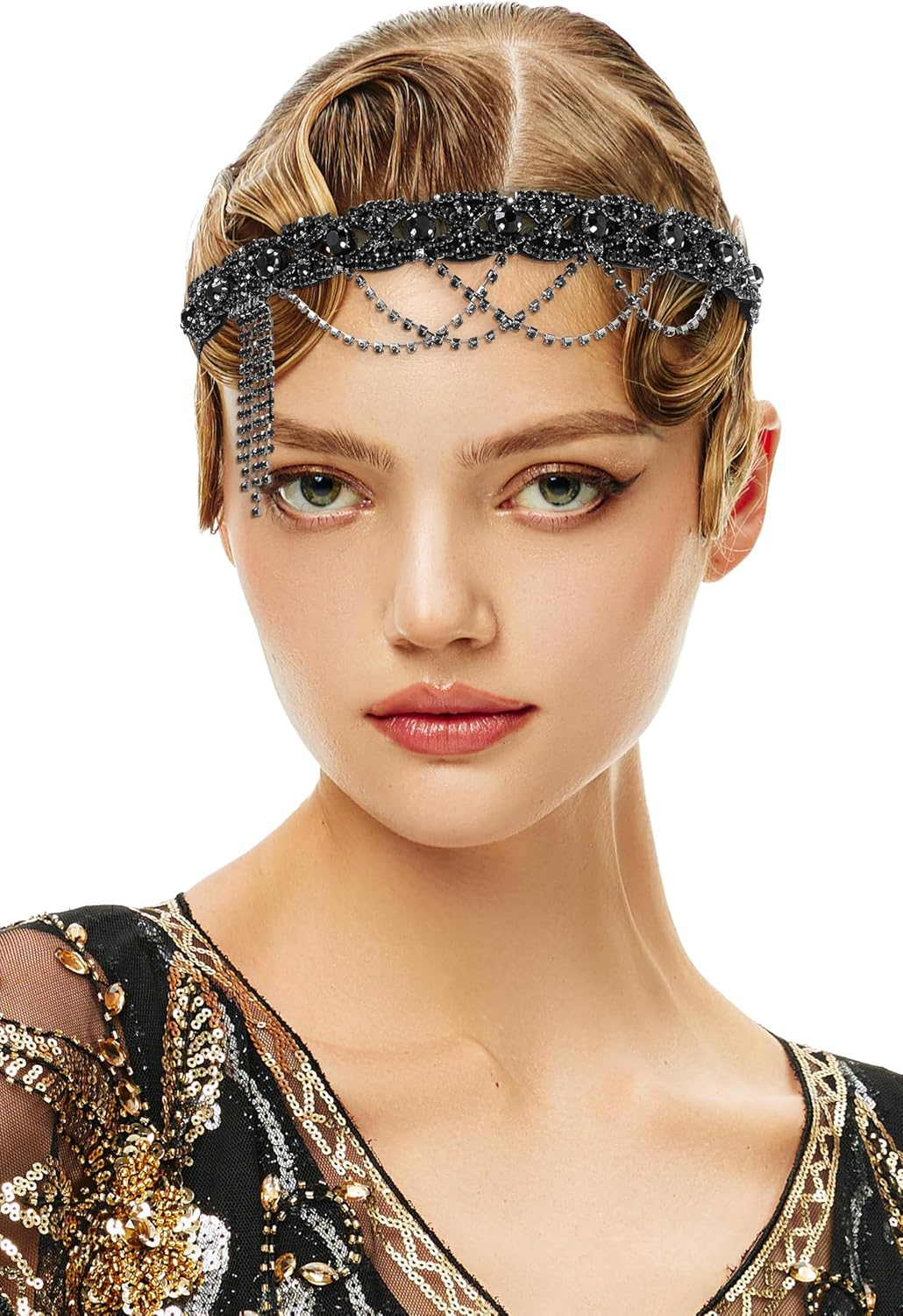 BABEYOND Flapper 1920S Gatsby Headband -20S Vintage Rhinestone Hair Accessories Wedding Prom Hair Chain Headpices for Women Silver