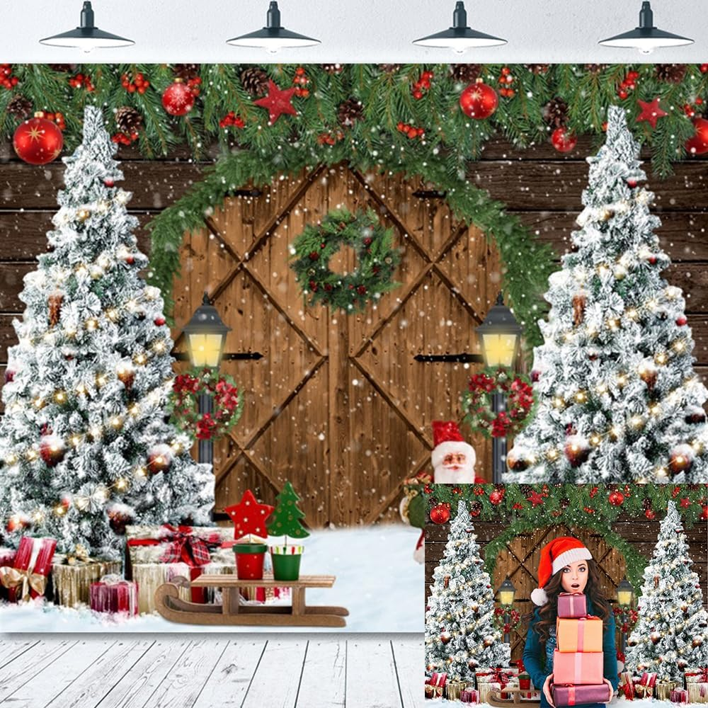 Christmas Backdrop 10X10Ft Wood Barn Winter Christmas Photo Backdrop for Photography Wooden Door Christmas Tree Gifts Snowy Background Kids Adult Family Christmas Eve Party Decoration Props