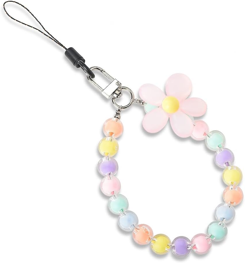 Cell Phone Chain Wrist Strap for Case Keychain - Pink Flower Beaded Lanyard Accessories Bracelet Wristlet for Women Ladies - Birthday Graduation Gifts for Friends