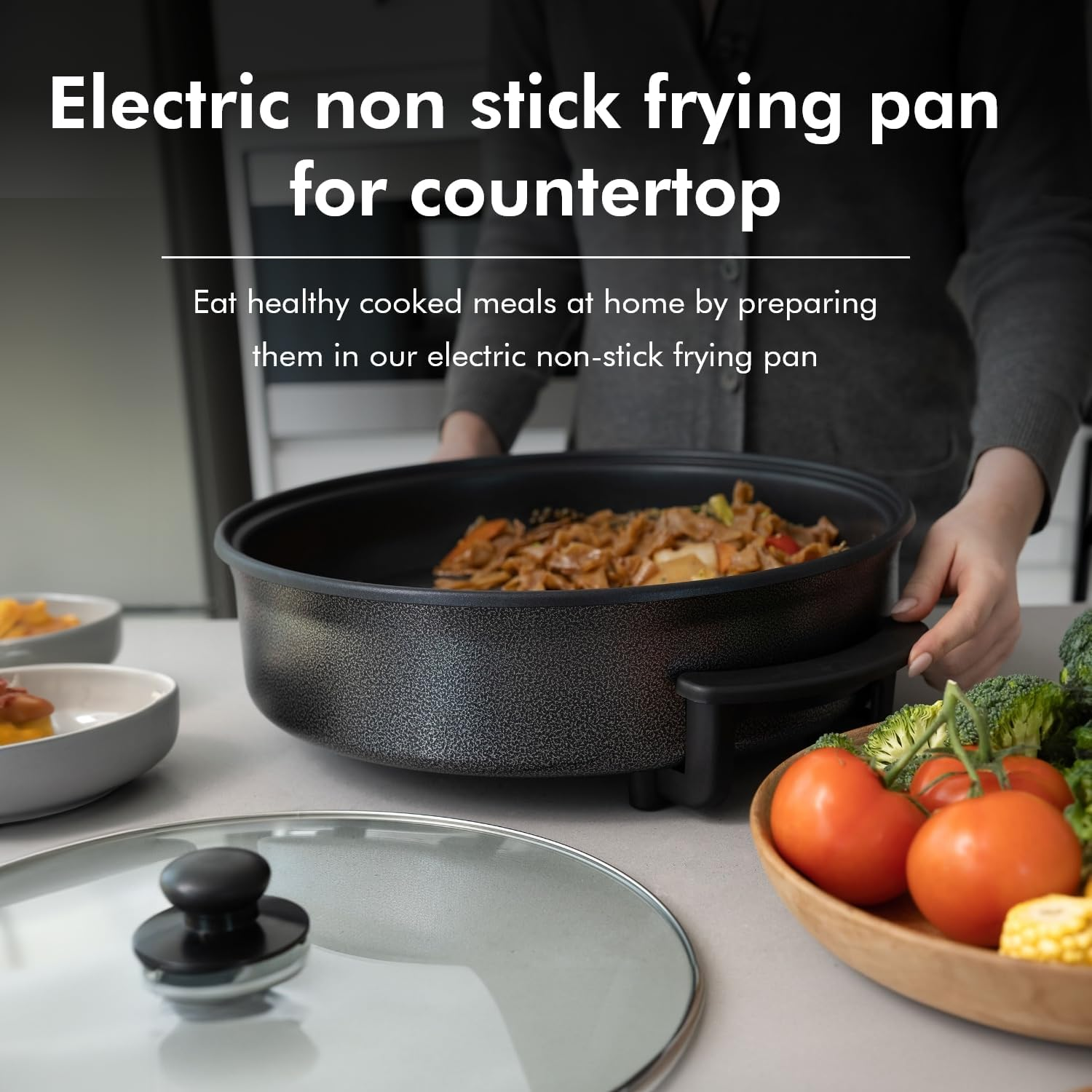 Healthy Choice 38CM Electric Kitchen Skillet with Nonstick Coated Grill Pan & Glass Lid Cover, Indoor Countertop Cooking Pan with Temperature Control & Handle Compact Easy Clean image number 6