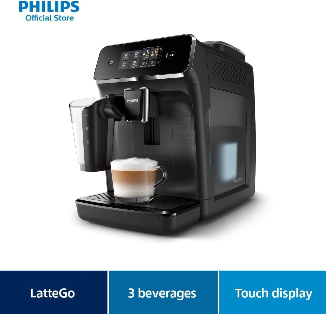 Philips Series 2200 Fully Automatic Espresso Machine with Lattego, 3 Beverages, Touch Display, Glossy Black (EP2231/40)