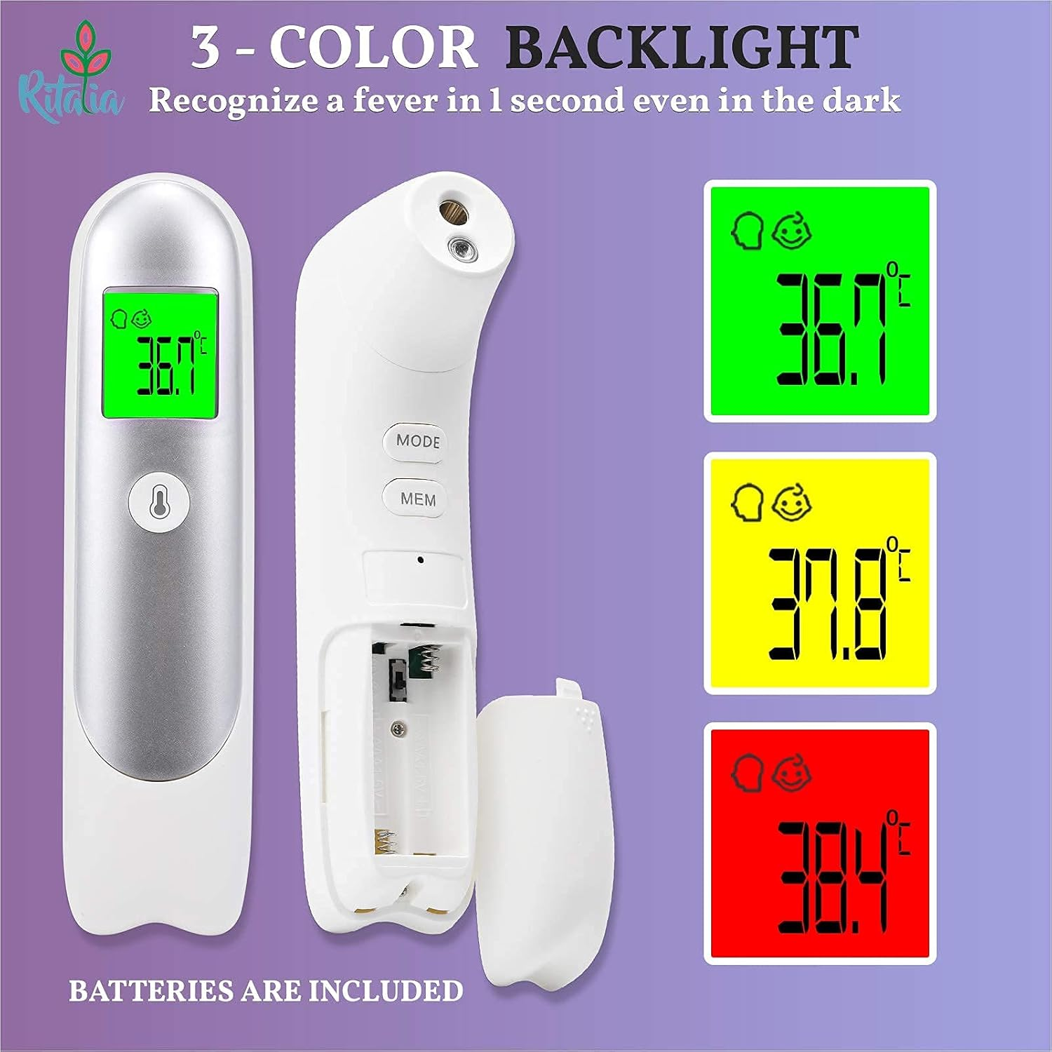 Baby Thermometer Ritalia&reg; Digital Forehead Thermometer Non-Touch for Adults and Kids - Accurate Infrared Sensors for Clinically Readings Less than 1S - LCD Screen 3 Colors image number 4