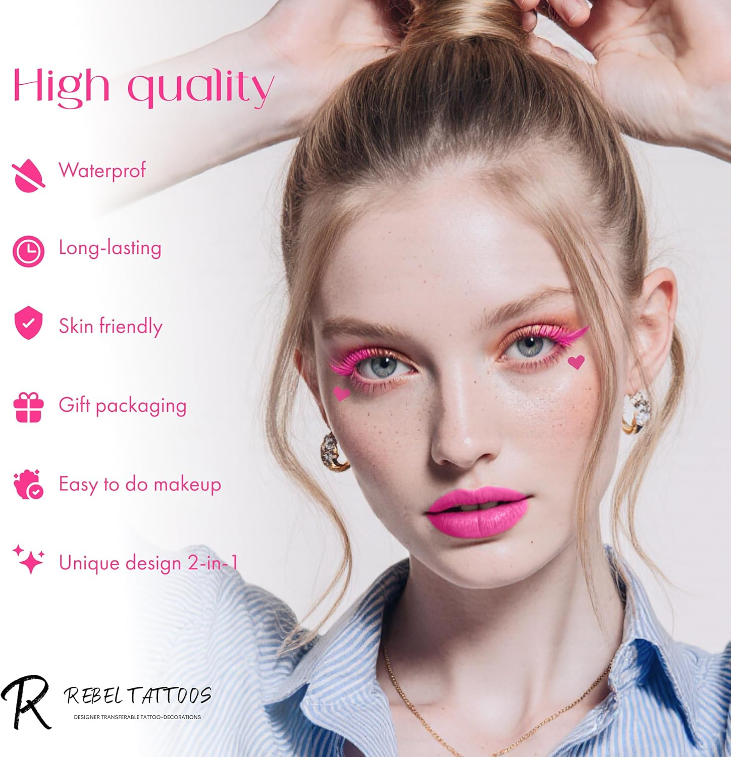 Rebel Tattoos 2-In-1 Eyeliner Stamp, Pigmented Intense Black Formula, Smudge-Budge Proof, Sweatproof, 24 Hour Stay Eyeliner Stamp Star Butterfly or Heart (Pink Heart) image number 4