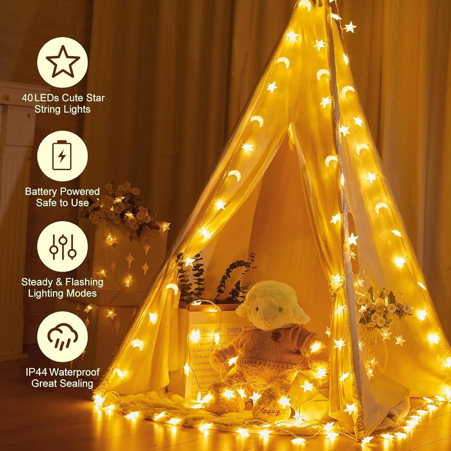 Christmas Star & Moon String Lights 20Ft 40 LED, Battery Operated Waterproof Fairy Lights for Indoor Outdoor Decor, Warm White Lights for Bedroom Wedding Patio Christmas Decor image number 1