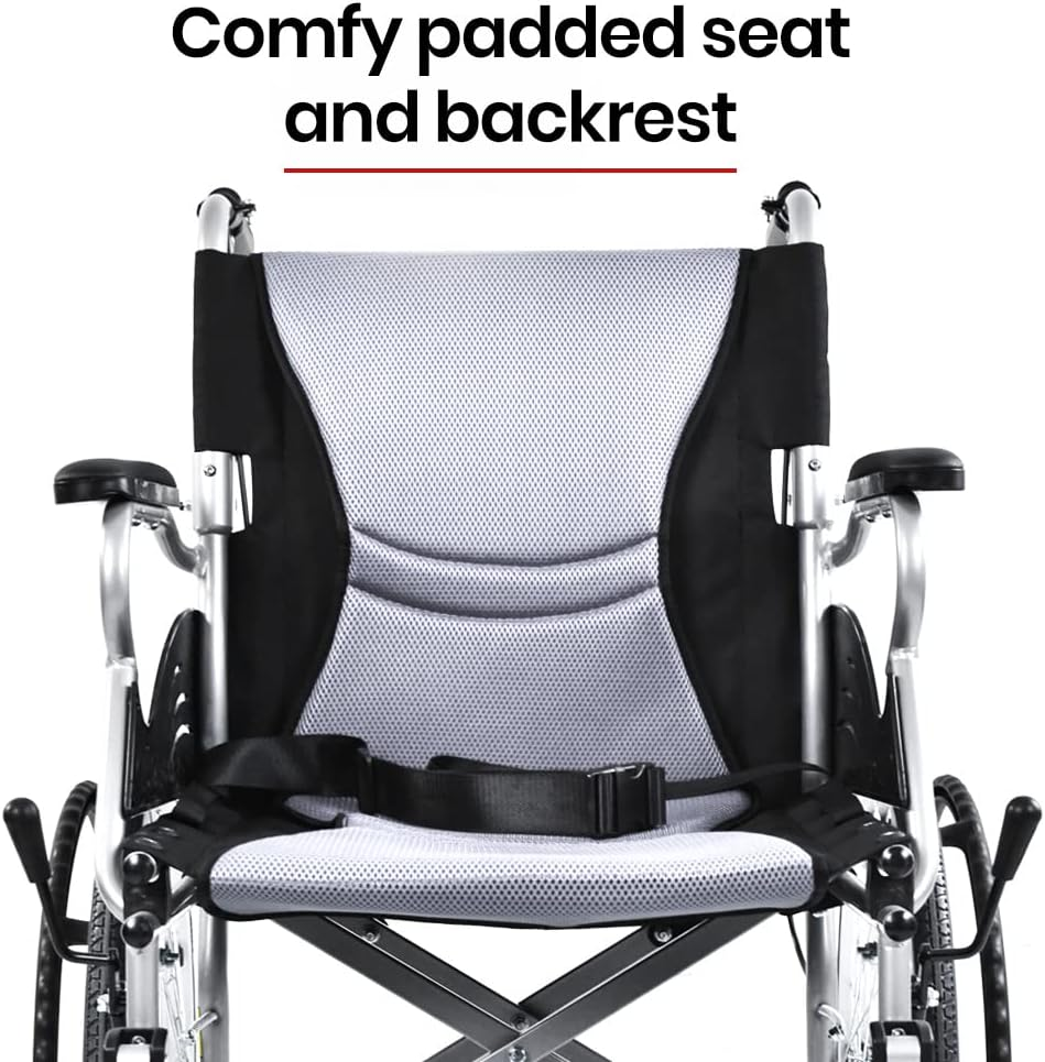 "Equipmed Folding Wheelchair 20 Inch Aluminium Portable Lightweight Wheel Chair with Park Brakes and Padded Armrests, 100Kg Capacity, Grey/Black" image number 1