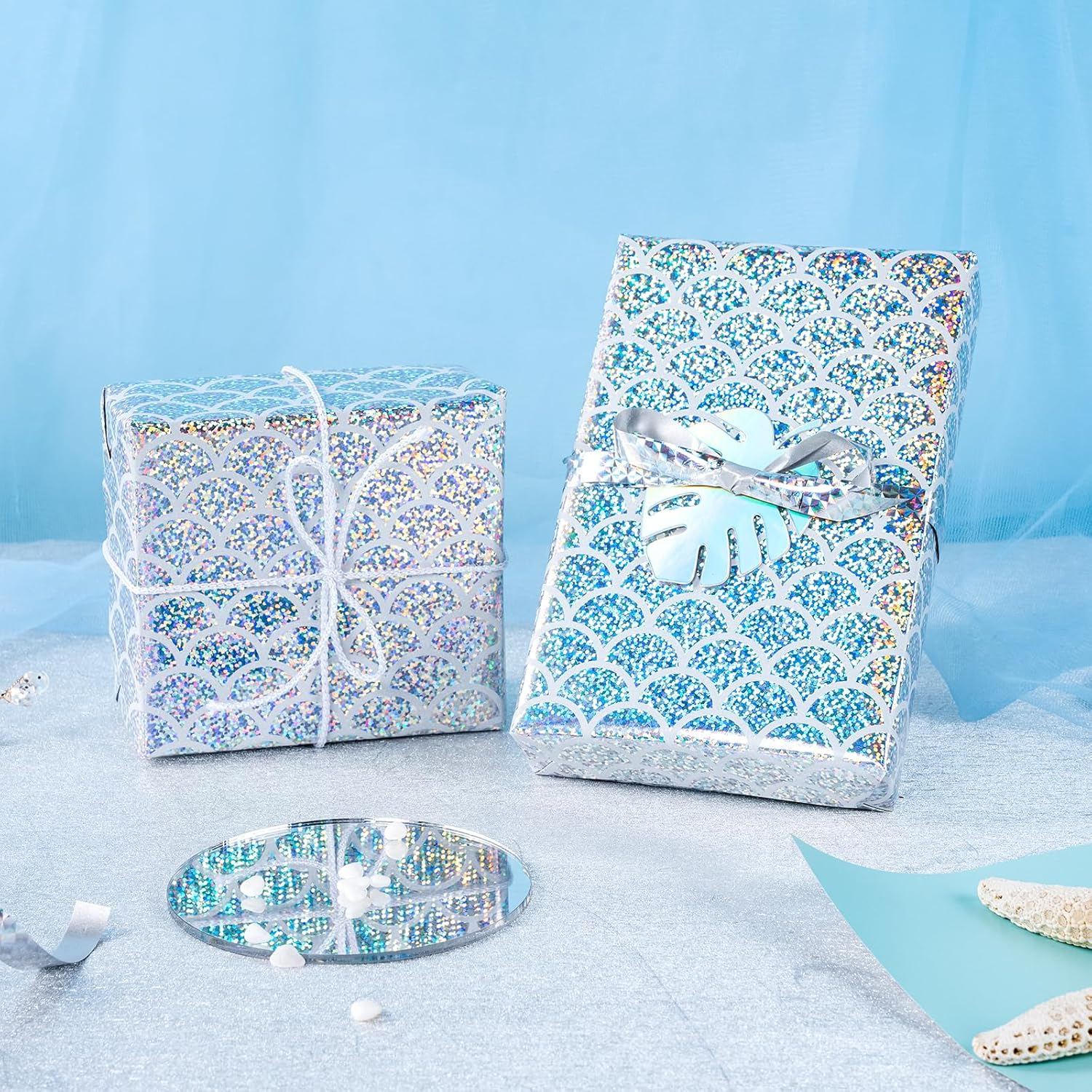 WRAPAHOLIC Reversible Wrapping Paper - Mini Roll - 17 Inch X 33 Feet - Scal with Colorful Foil and Solid Light Mint Design for Birthday, Baby Shower, Party, Holiday - Colorful Scale With Foil image number 3