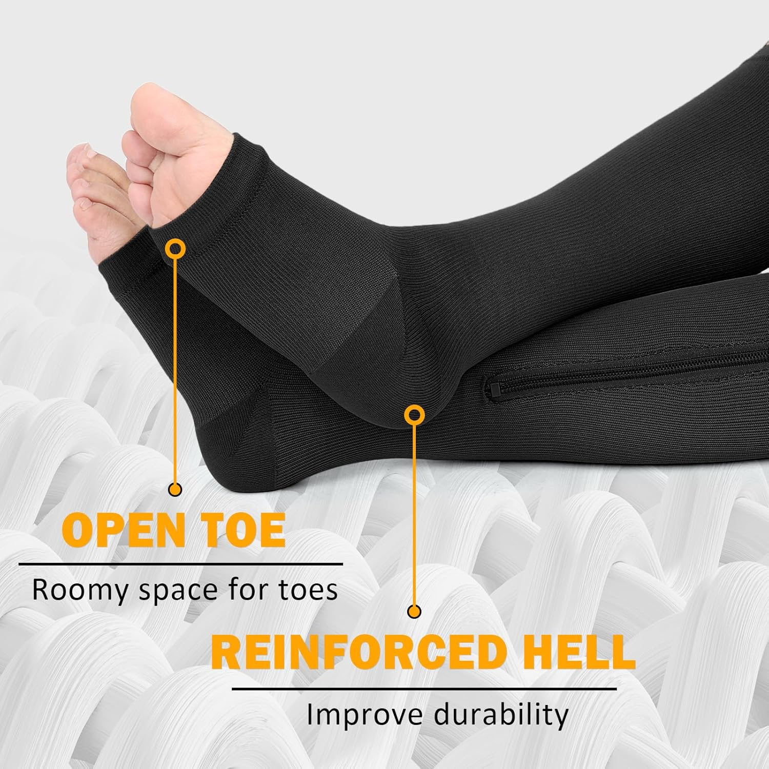 CASMON 2 Pairs Zipper Compression Socks for Women & Men, 15-20 Mmhg Open Toe Knee High Support Socks for Varicose Vein Edema image number 3