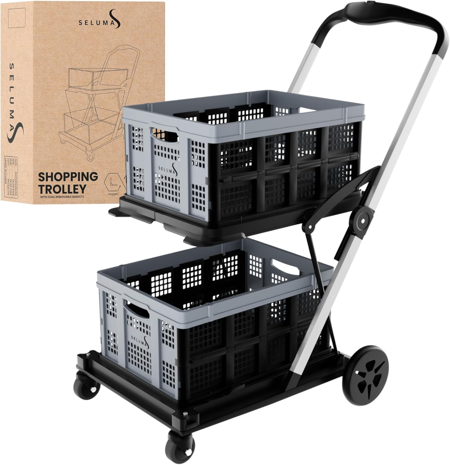 SELUMA Folding Trolley - Grocery Cart, Shopping Trolley with Wheels, Heavy Duty - Outdoor/Office Collapsible Push Trolly. image number 5