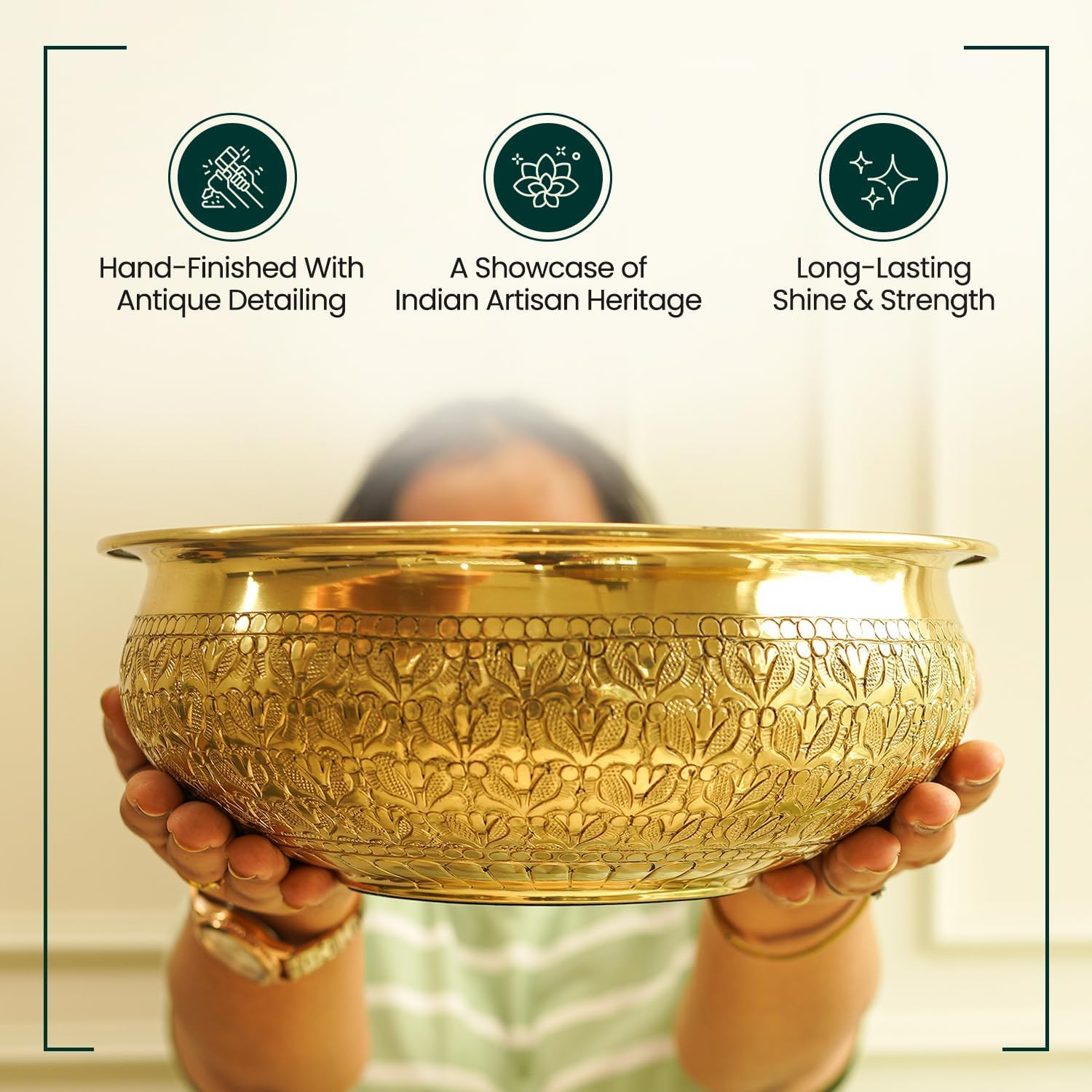 Indian Impressions | Modini Embossed Urli Gold | Handcrafted Aluminium Decorative Aluminiumtray | Home D&eacute;cor, Festive Decoration, and Gifting | Ideal for Home and Office image number 2