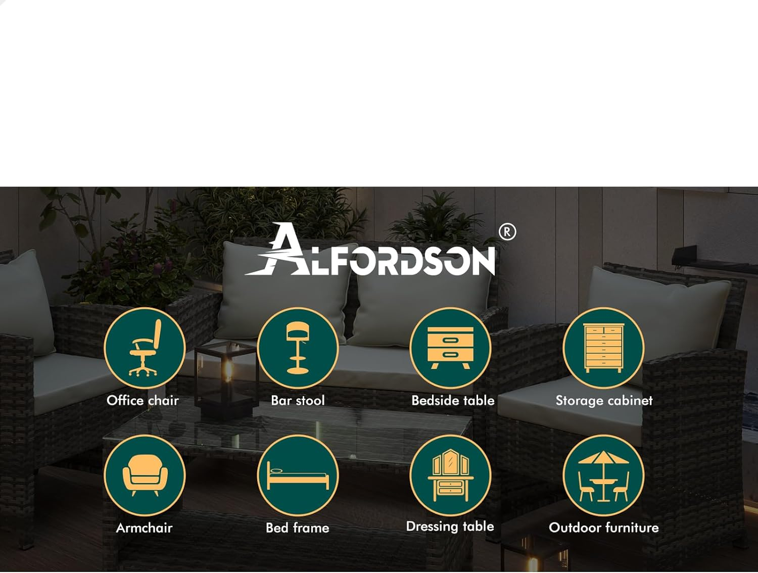 ALFORDSON Outdoor Patio Furniture 4Pcs Conversation Set, Wicker 4 Pieces Lounge Chair & Glass Coffee Table Setting, Steel Frame Garden Rattan Sofa with Cushions, Light Grey image number 4