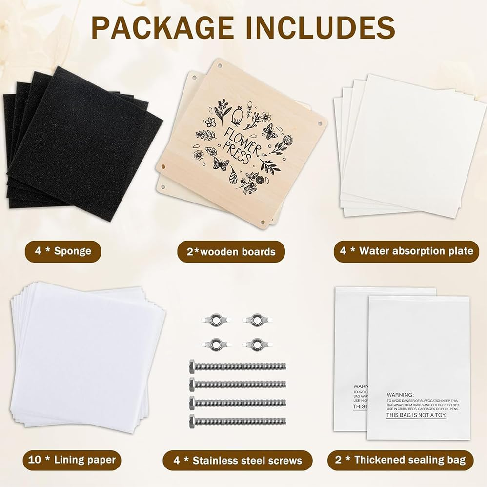Portable Flower Pressing Kit,18&times;18Cm Wood Flower Leaf Plant Press Kit,Including Wooden Boards &times;2,Stainless Steel Screws &times;4,Absorbent Plates X4,Sponge X4,Backing Paper X10,And Thick Sealed Bag X2 image number 1