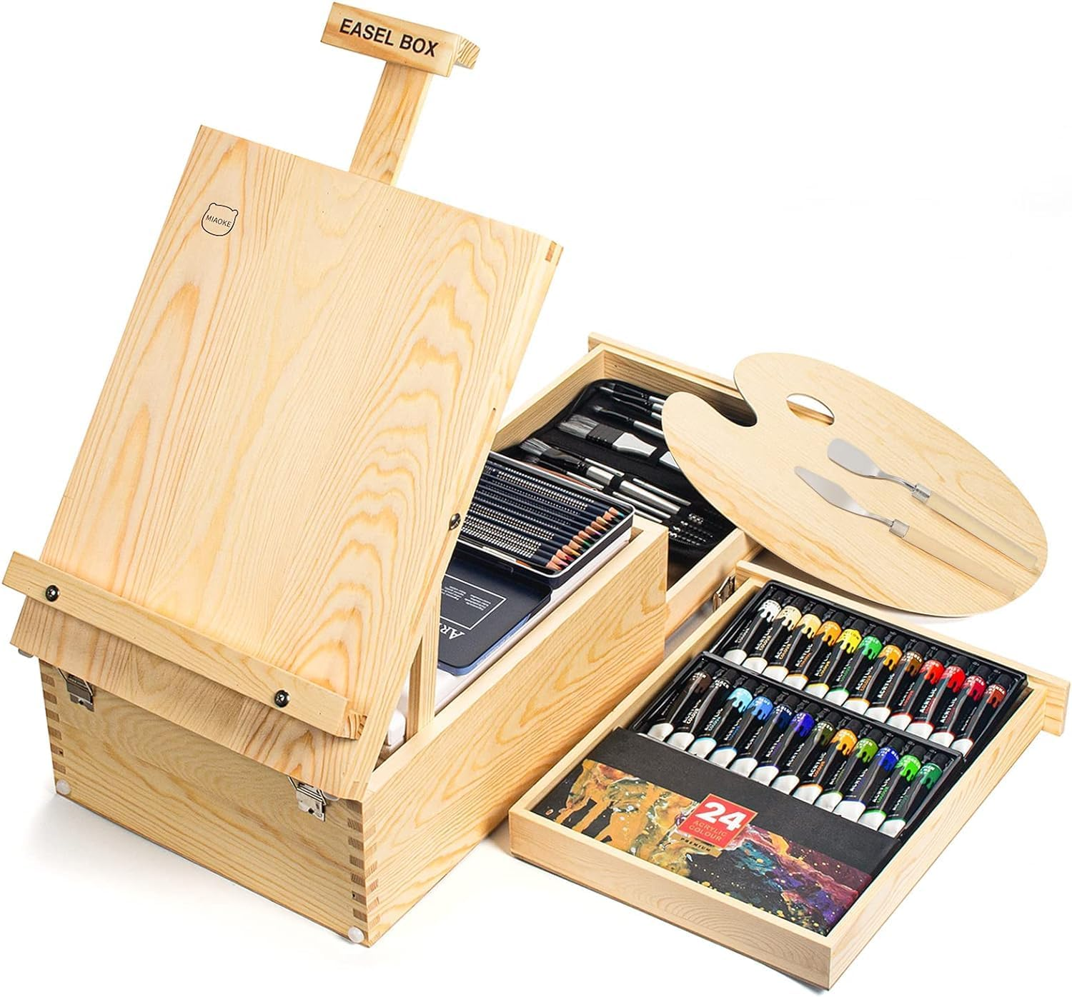 MIAOKE Table Easel, Wooden Easel, Adjustable Case Easel with 55 Pieces, Luxury Painting Case, Includes 24 Acrylic Paints Set, 12 Colouring Pencils, 10 Brush Set and Other Painting Tools image number 6