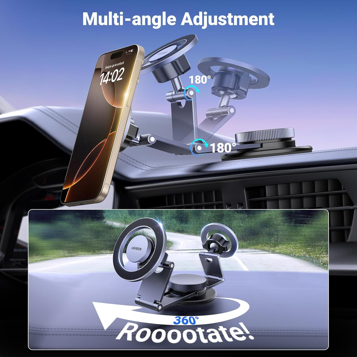 UGREEN for Magsafe Car Mount 360&deg; Rotation, 2025 Upgraded Flexible Arm, Magnetic Phone Holder for Dashboard, Windscreen, Compatible with Iphone 16 Pro Max, and Magsafe Case image number 5