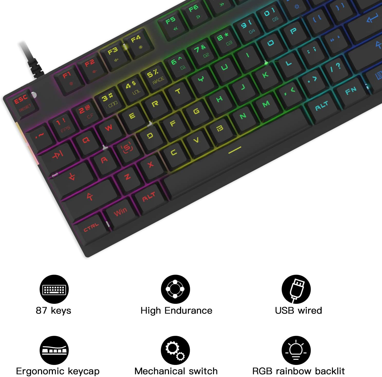 Motospeed Professional Gaming Mechanical Keyboard RGB Led Backlit Wired with Anti-Dust Proof Switches for Gaming Keyboard for Mac & PC (Black, 87 Key Red Switches)